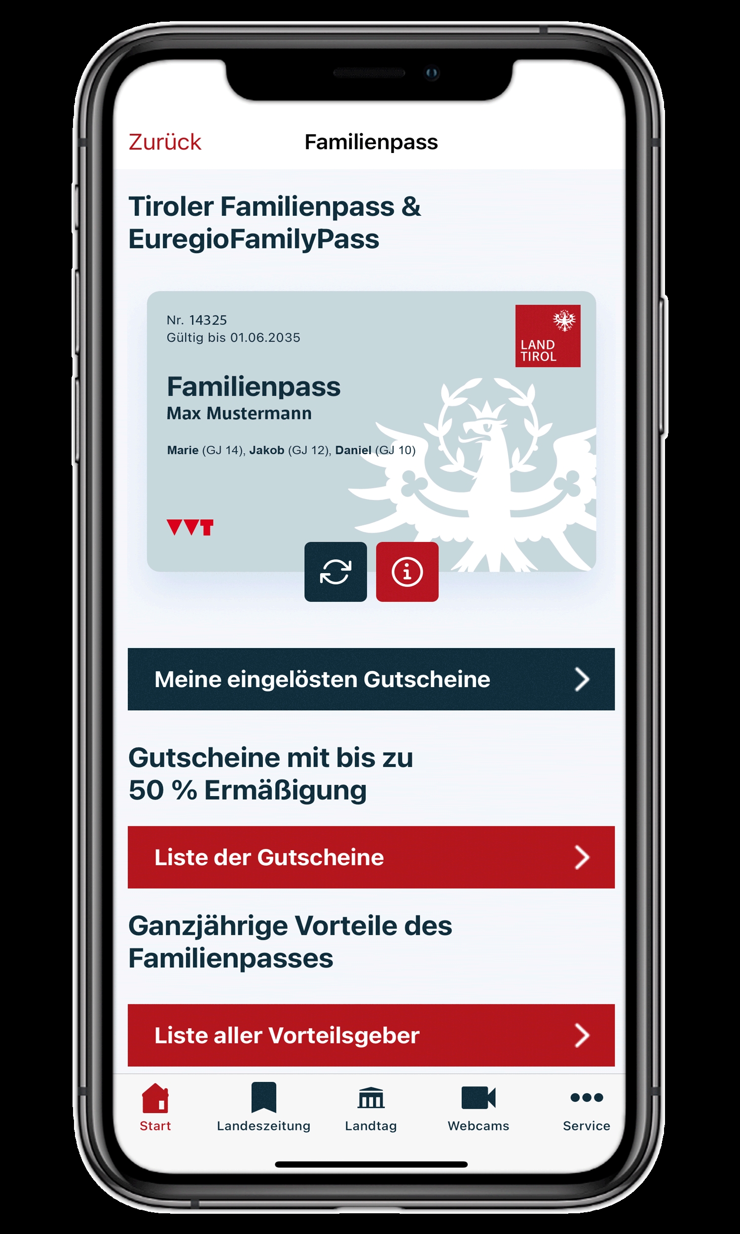 So sieht der Familienpass k&uuml;nftig am Handy aus. Ersichtlich sind die digitale Familienpass-Karte, die Liste der eingel&ouml;sten Gutscheine sowie der ganzj&auml;hrigen Angebote und Verg&uuml;nstigungen als auch eine Liste der Vorteilsgeber. Foto: Land Tirol