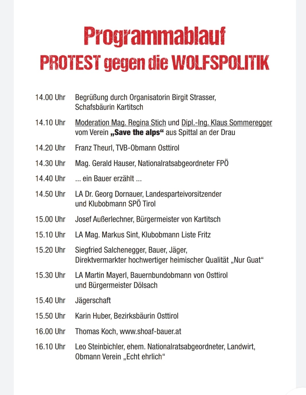 Programm Protest gg Wolfspolitik