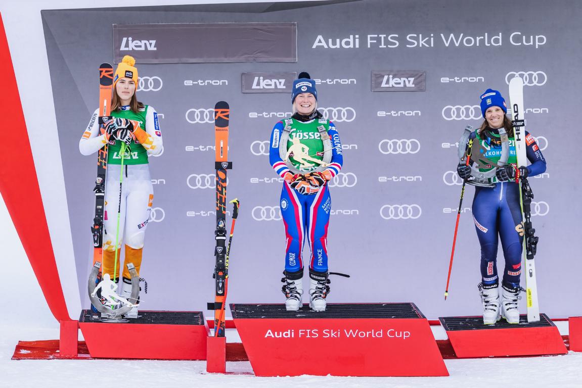 Das RTL-Siegerpodium mit v.l: Petra Vlhova, Tessa Worley und Sara Hector. Foto: Expa Pictures