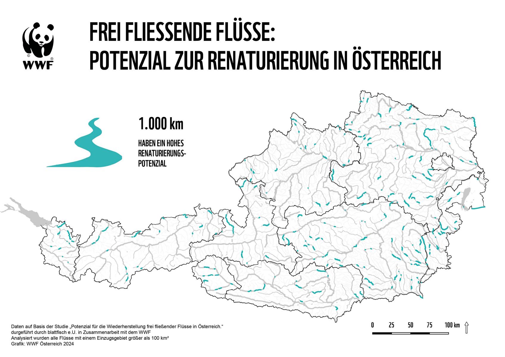 Hohes Renaturierungspotenzial &Ouml;sterreichkarte Grafik: WWF2024