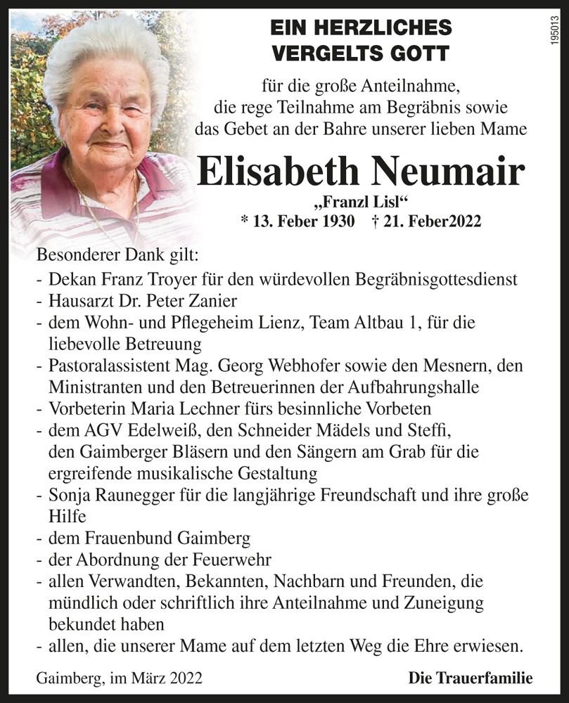Elisabeth Neumair geb. Mattersberger "Franzl Lisl"