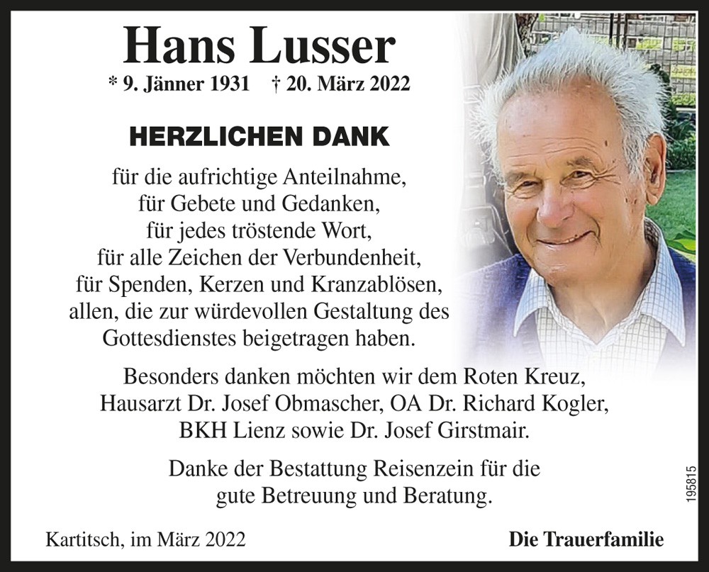 Hans Lusser, Tischlermeister i.R.