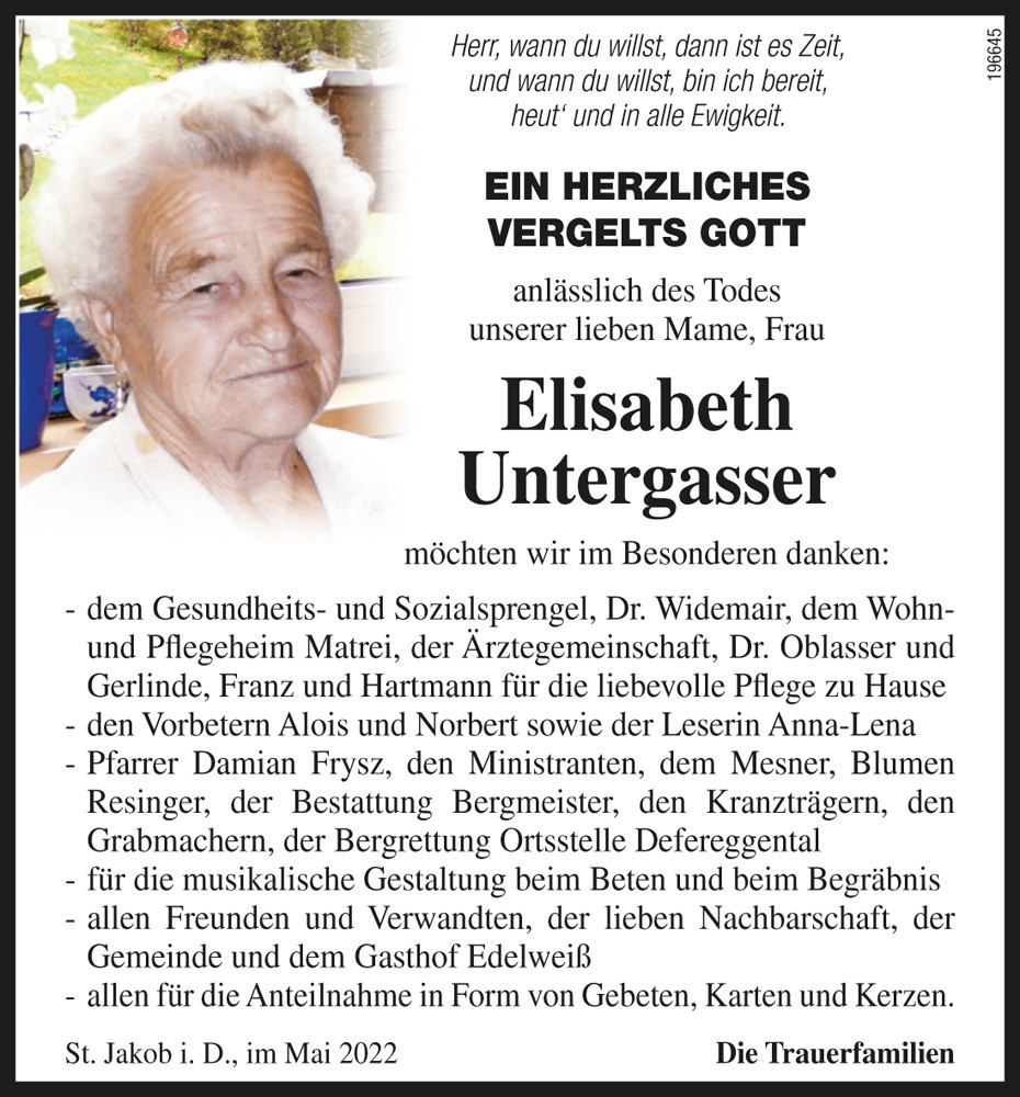 Elisabeth Untergasser vlg. Steffin Elsa geb. Fr&uuml;h