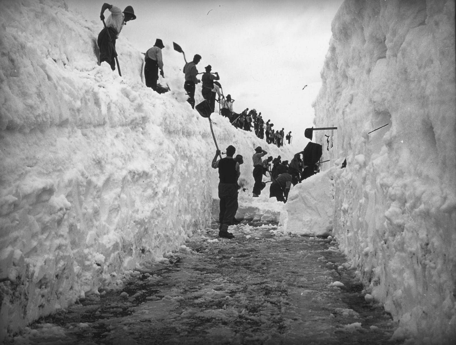 Schichtenweises Abtragen des Schnees durch die Schneeschaufler. Foto: Grohag
