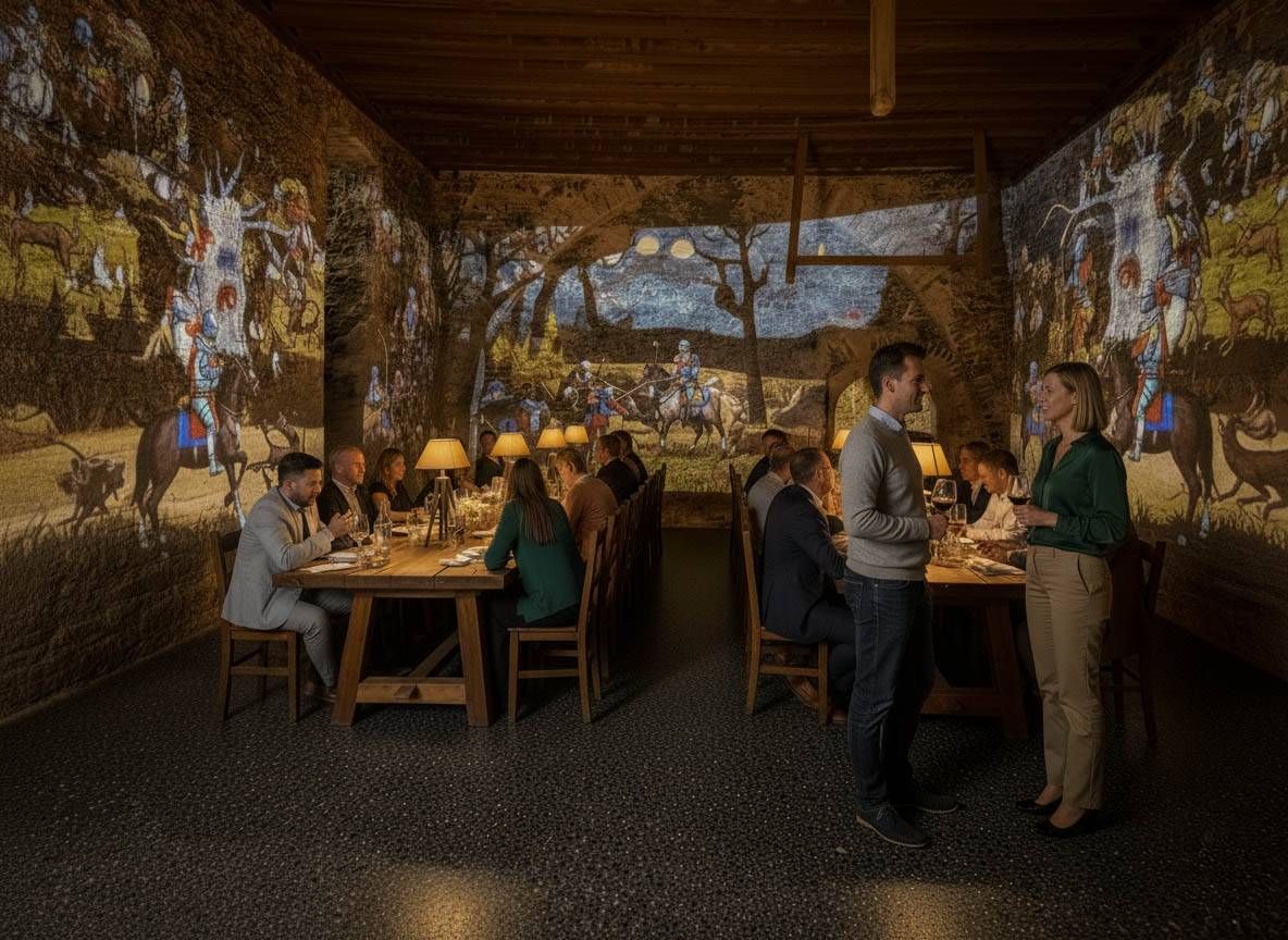 Erlebnisgastronomie in der Taverne erz&auml;hlt auch die Burggeschichte. Projekttion Leger Gemini/Burg Heinfels